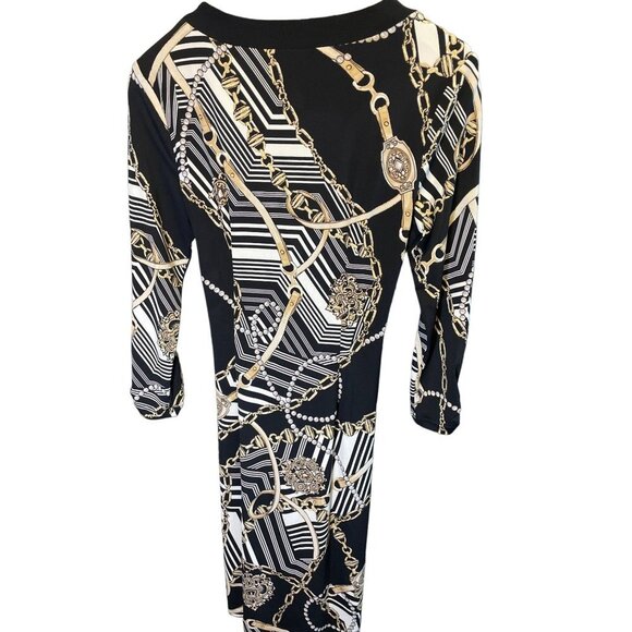 Cache Black Faux Wrap Horse Bit Fitted 3/4 Sleeve Dress Sz M - Picture 2 of 10